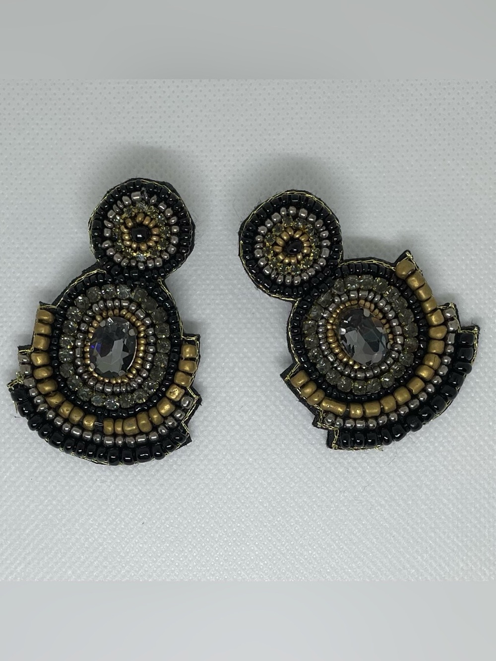 Boho Glam Beaded Statement Earrings Black Gold & Crystal Embellished
